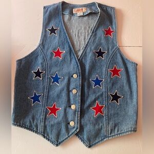 Apache West womens SZ M Denim Star- Flag Embellished Vest Silver buttons Vintage
